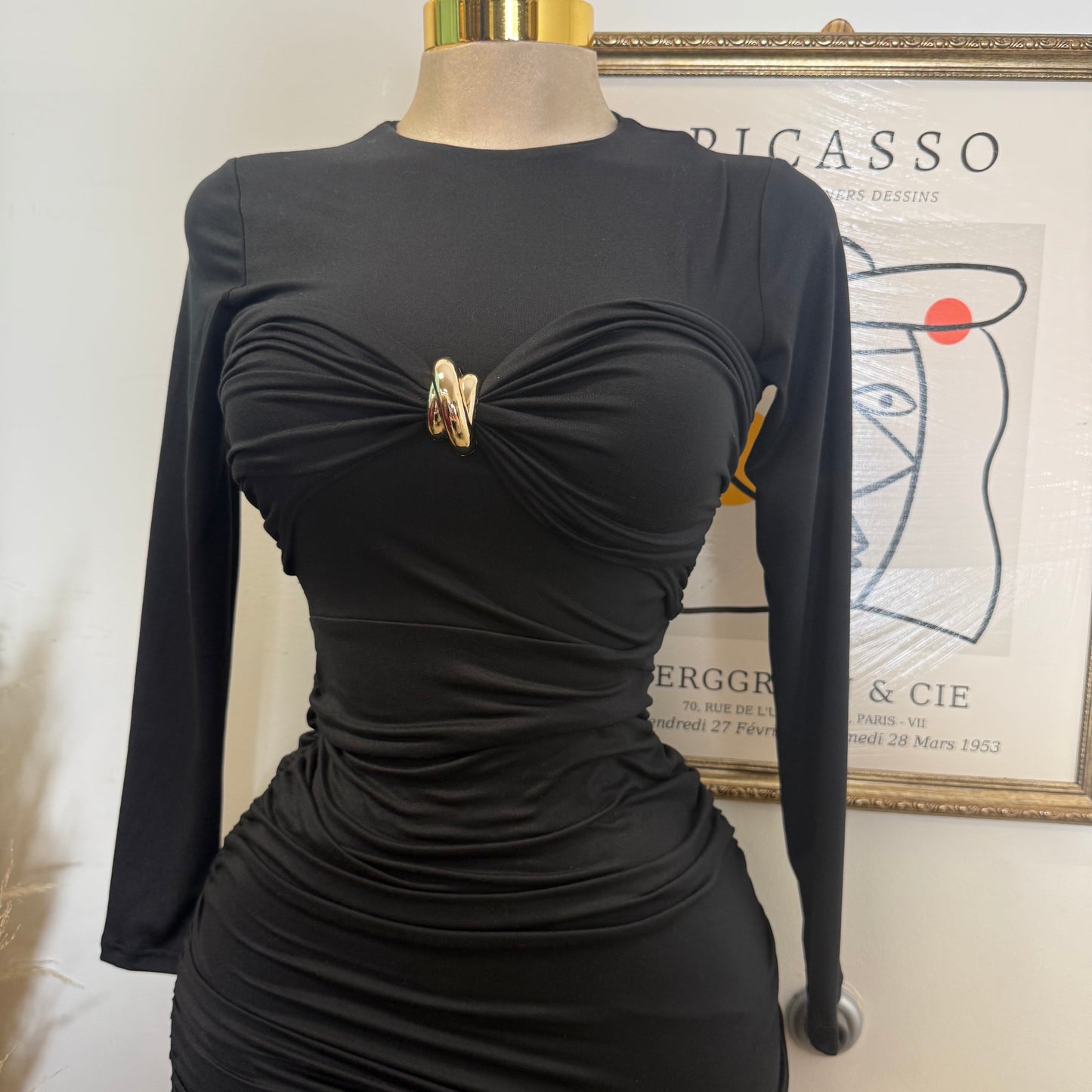 Long Sleeve Double Layered Midi Dress-Black