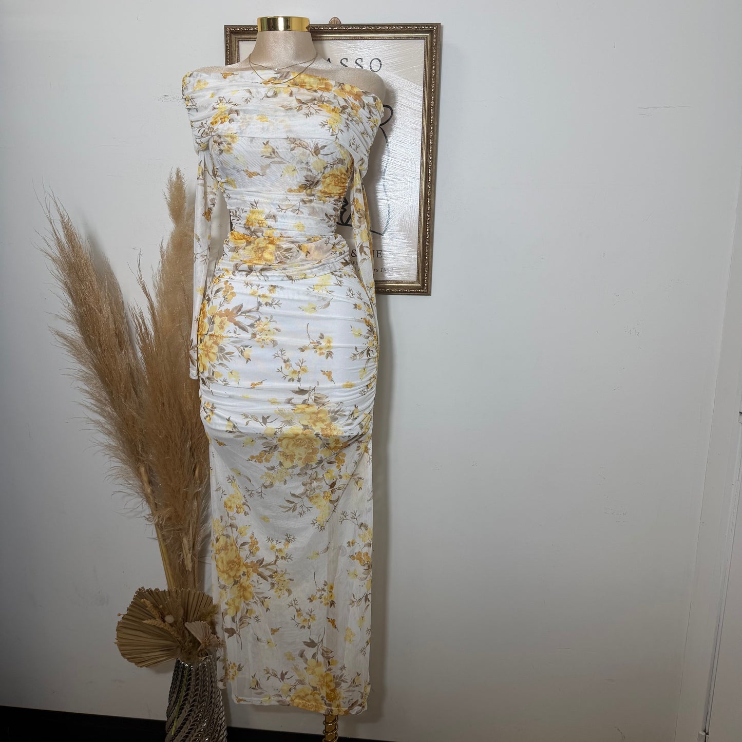 Off shoulder printed Mesh Top and ruched Maxi Skirt Set-Yellow Print