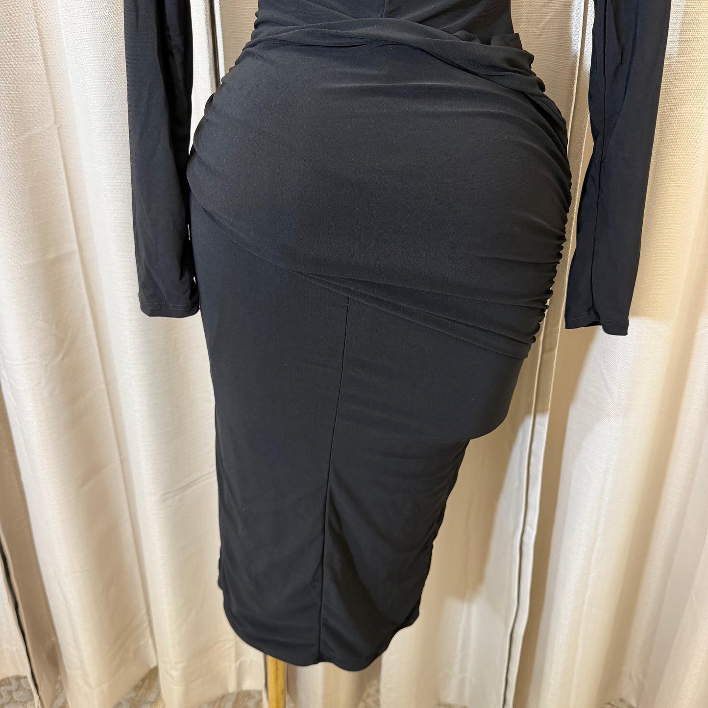 Long sleeve  Solid Double Layer Front Sash Midi Dress-Black