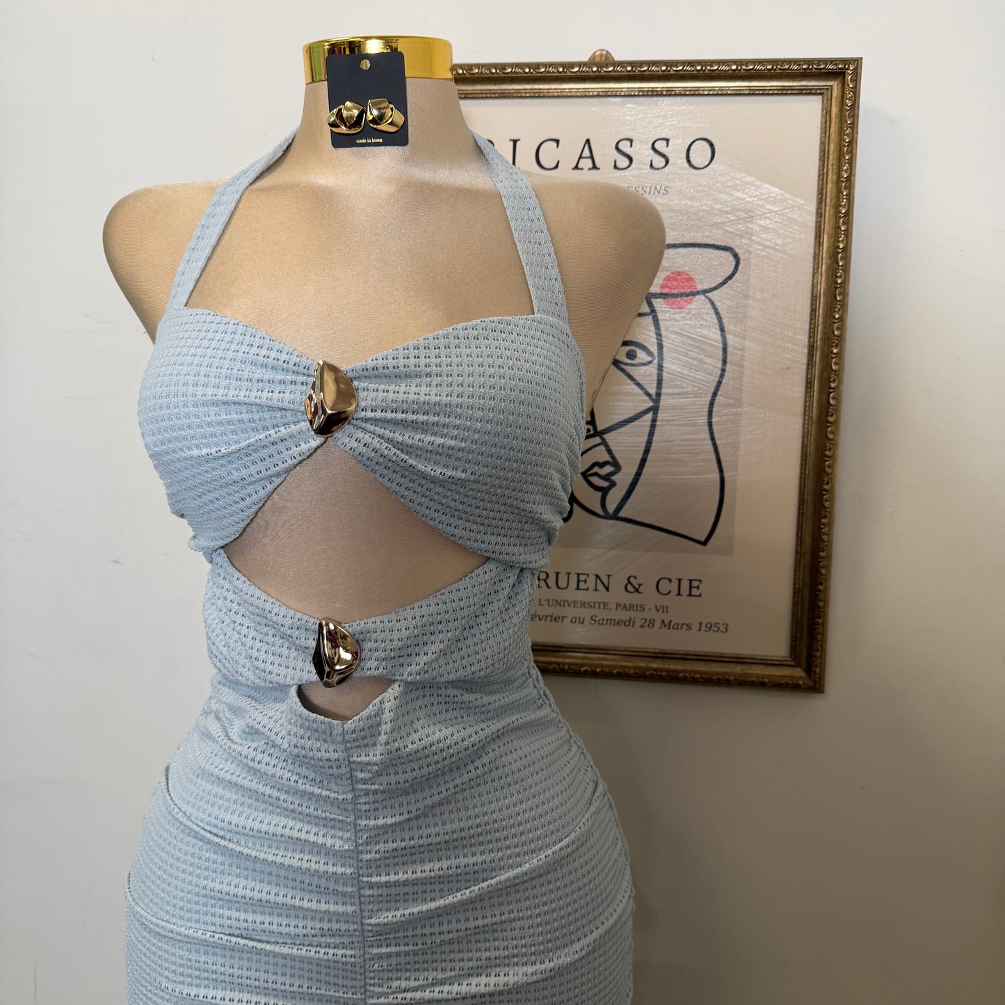 Front metal Trim Shirring with slit Midi Dress-Blue