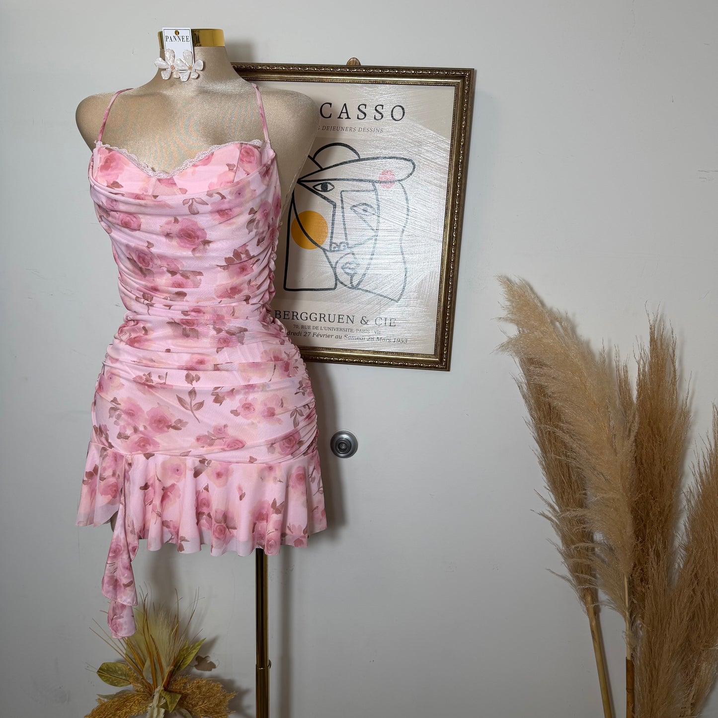 Floral open Back Mini Dress with Flowing Skirt-Pink
