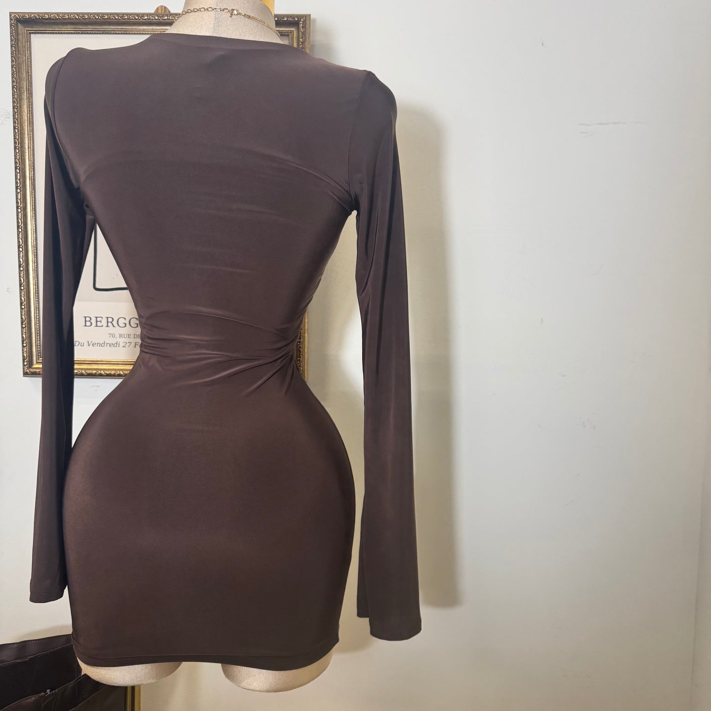Long Sleeve Plunging Mini Dress-Brown