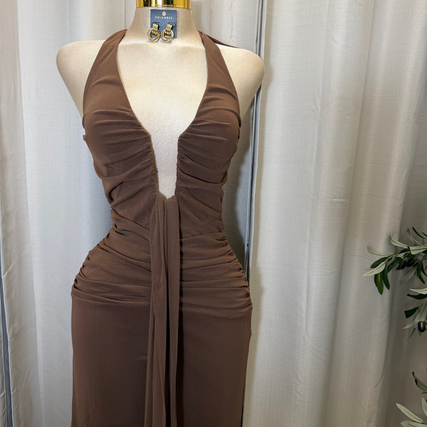 HALTER NECK WIRE WITH SASH JUMPSUIT-Brown