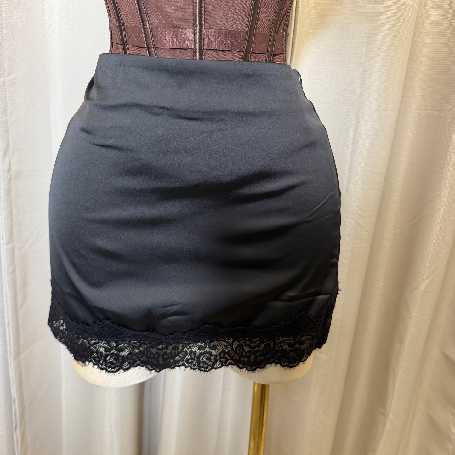 Satin Mini skirt with Lace Detail -black