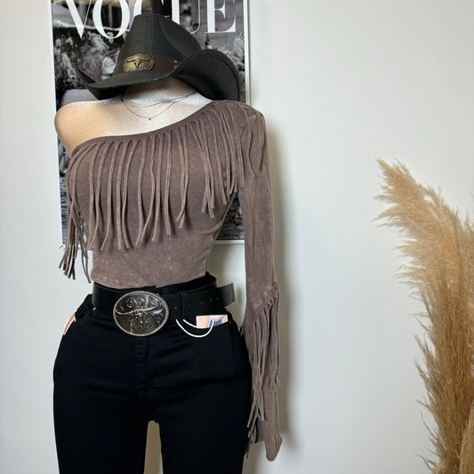 One Shoulder Fringe Top-Brown