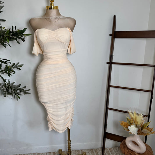 LUXE  GLITTER MESH OFF SHOULDER RUCHED MIDI DRESS-Champagne