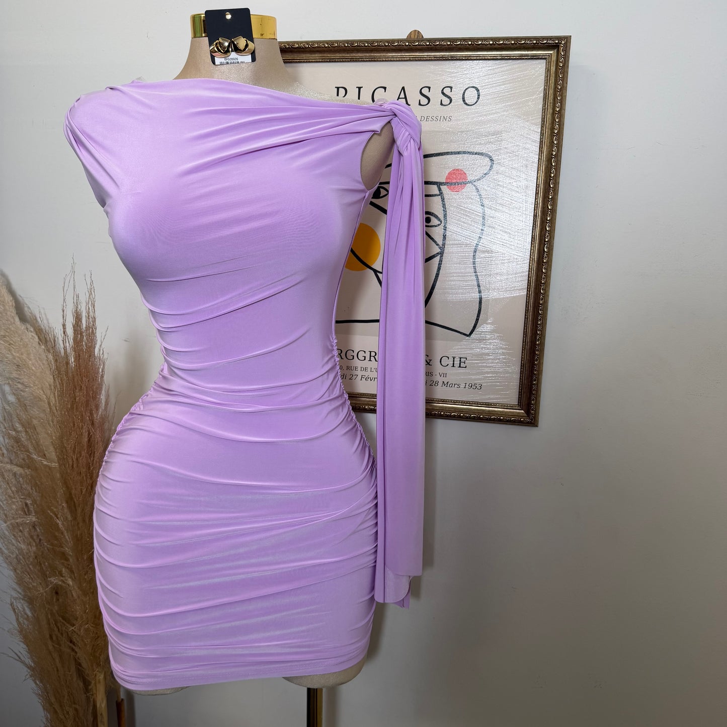 Off Shoulder Ruched Side Tie Mini Dress-Lavander
