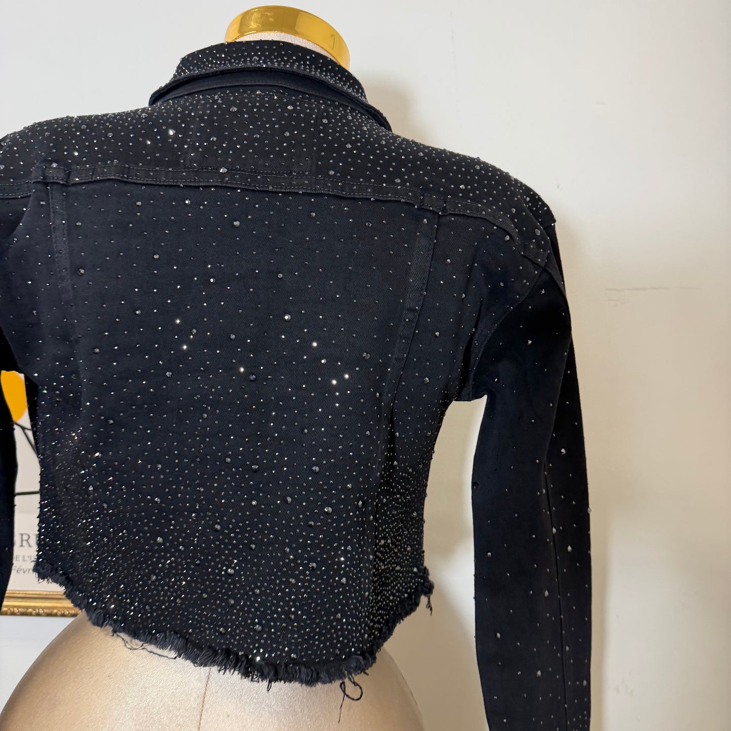 Rhinestone Cropped Jeans Jacket-Black