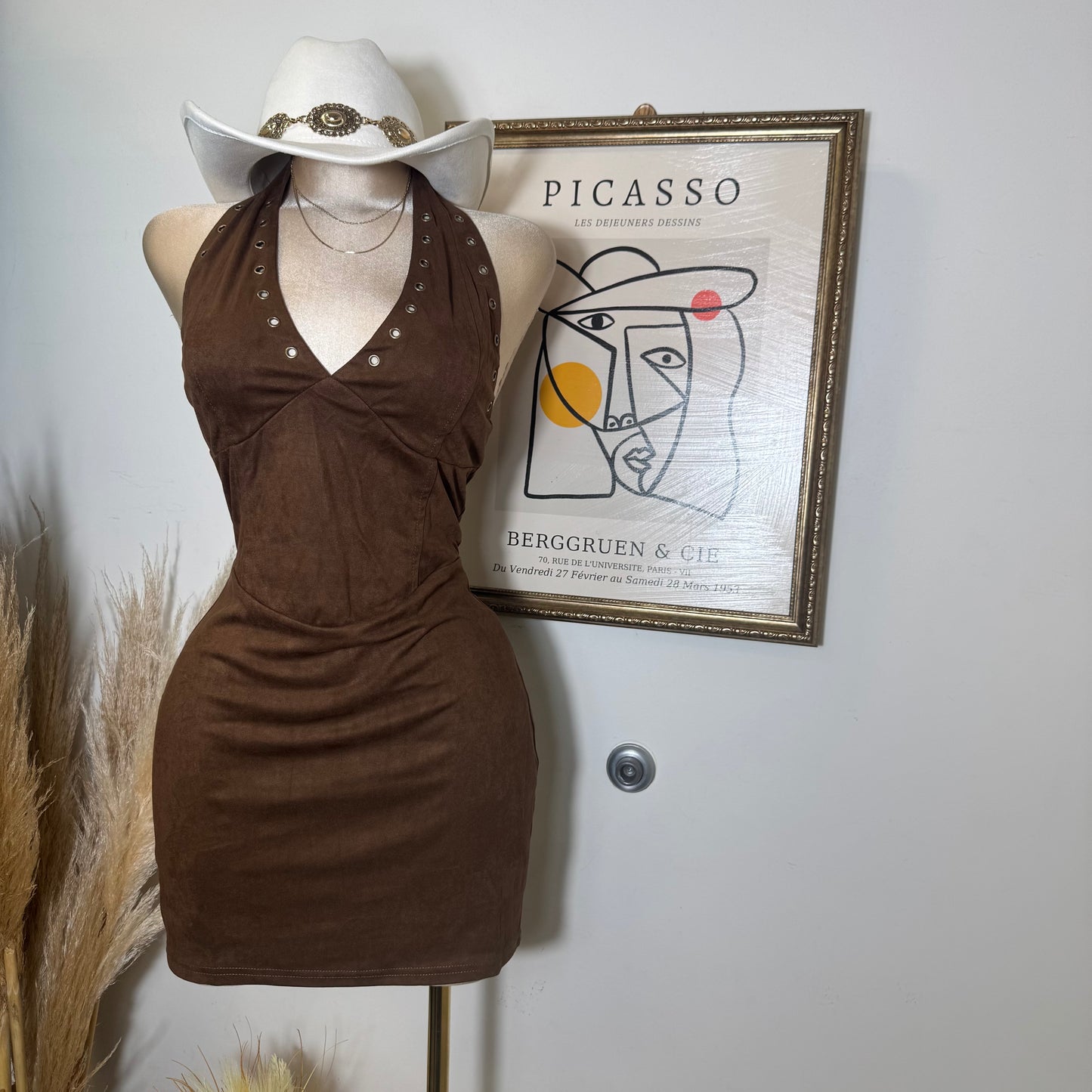 Western Suede Halter Dress-Brown