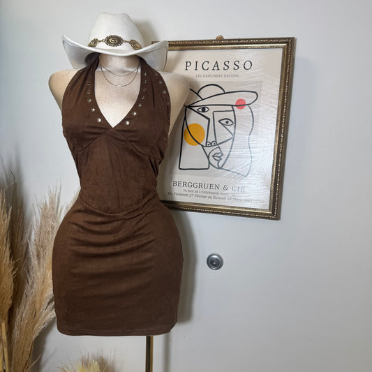 Western Suede Halter Dress-Brown