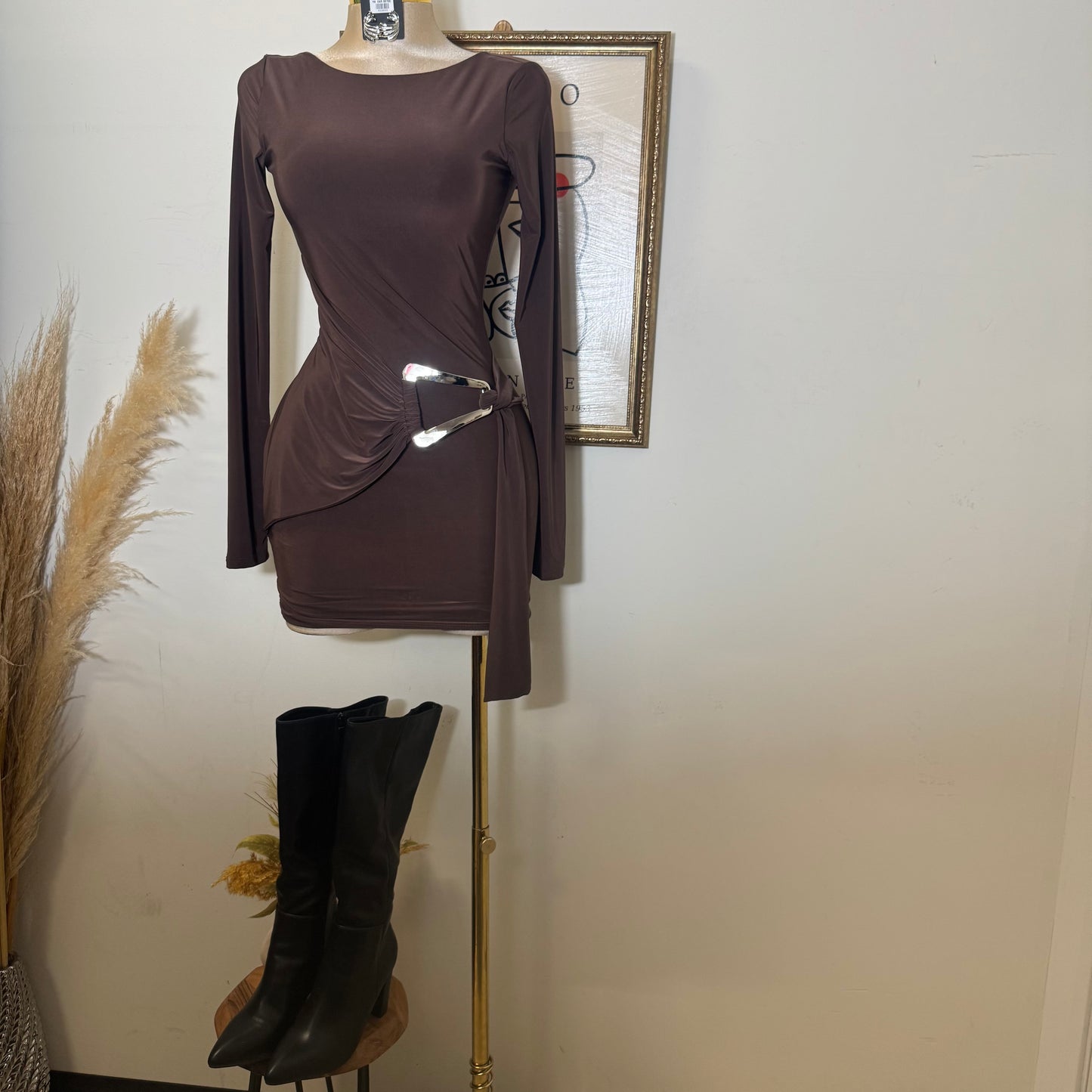 Long sleeve Drape Mini Dress-Brown