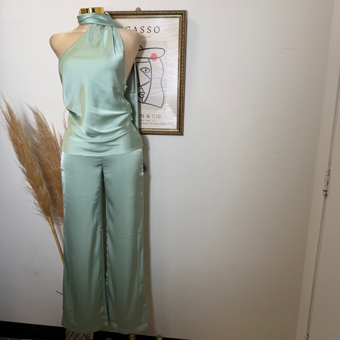 Satin Asymmetrical Scarf Halter Rcuhed Top Zipper Pants set