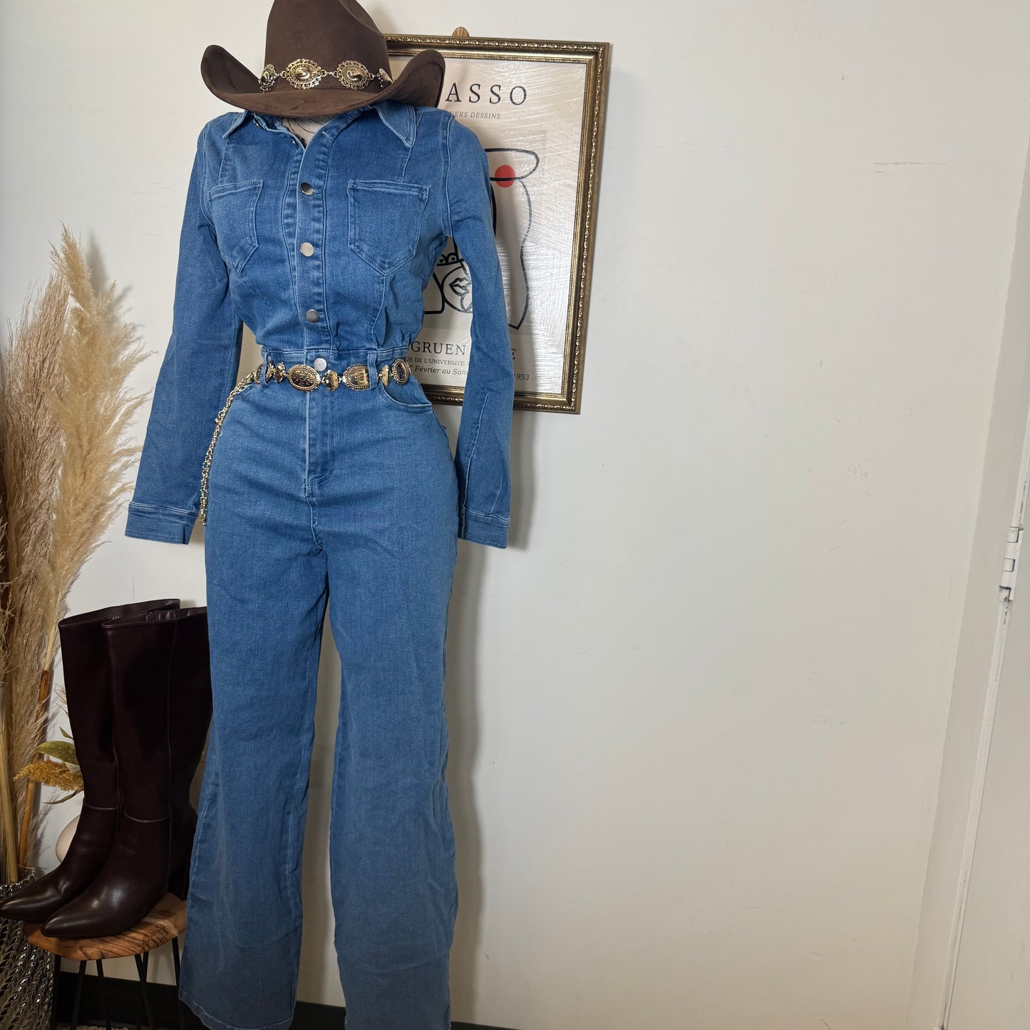 Denim Button Long Sleeve Jumpsuit -Medium Wash