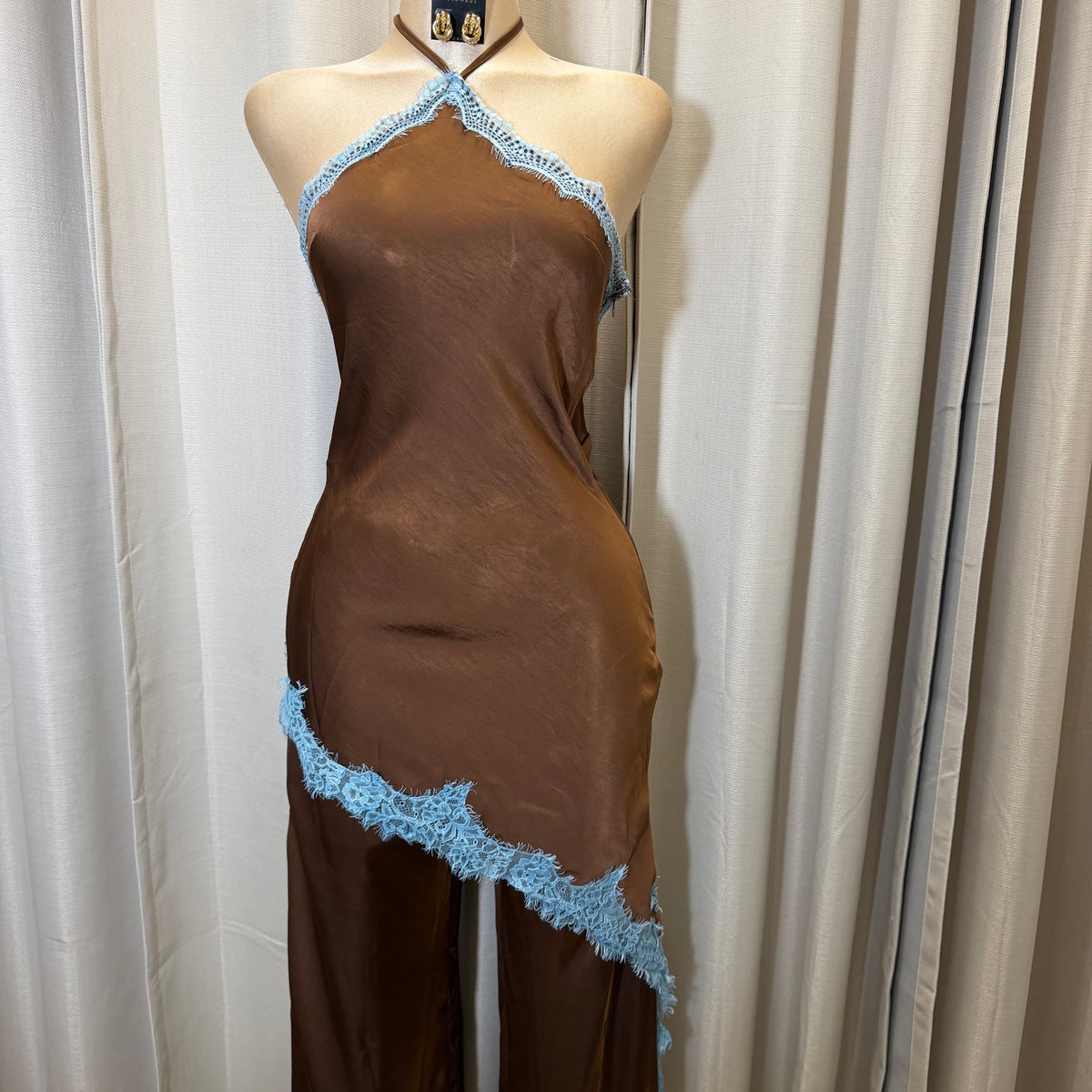 Contrast Lace Trim Satin Halter Jumpsuit-Brown/Blue