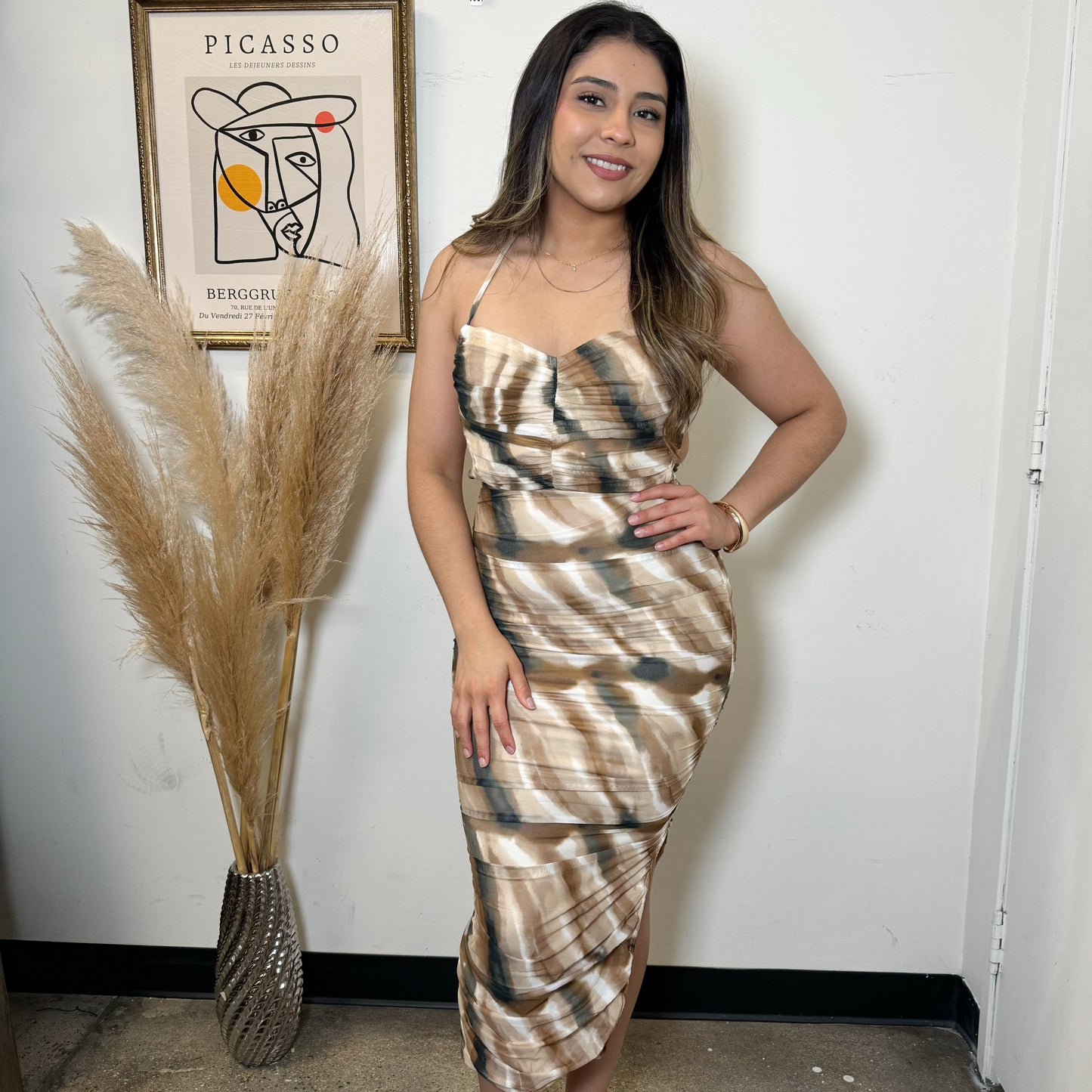 Sweetheart Lace Up Back Ruched Midi Dress-Warm sand