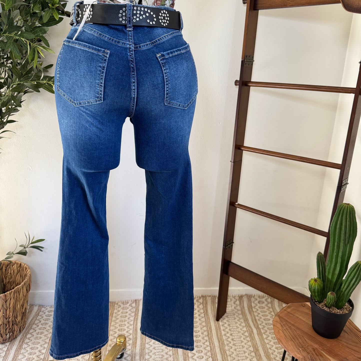 Flare Jeans with  Belt-Blue