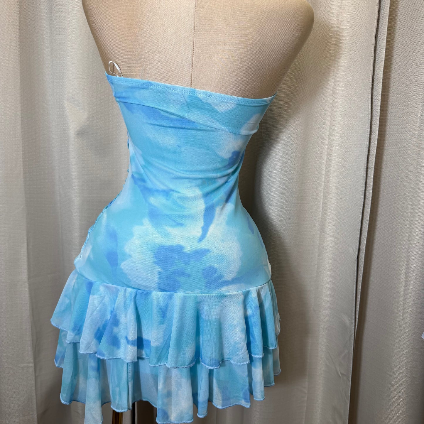 Tube printed Mesh Mini Dress-Blue