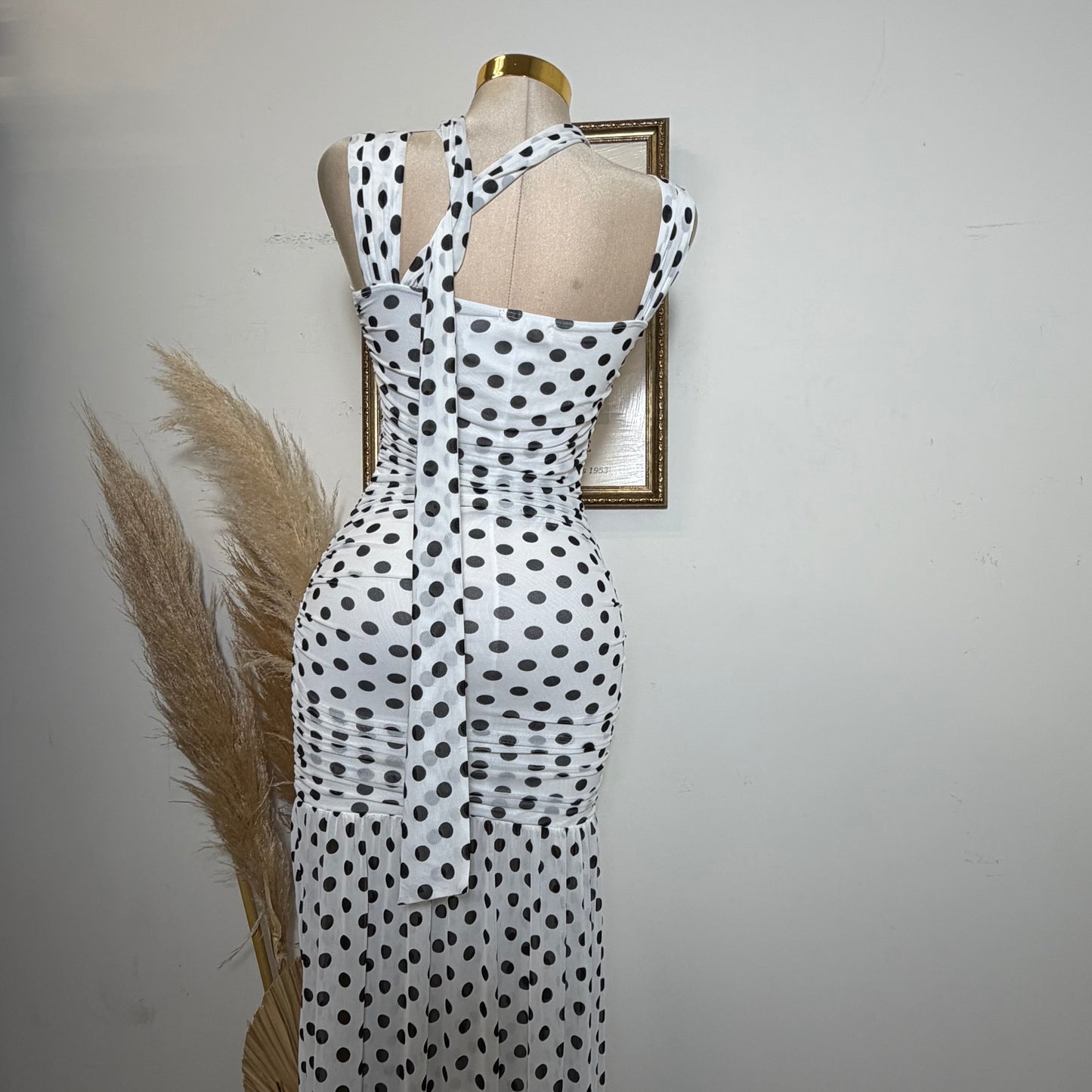 Polka Dot Mesh Off Shoulder Maxi Dress-White