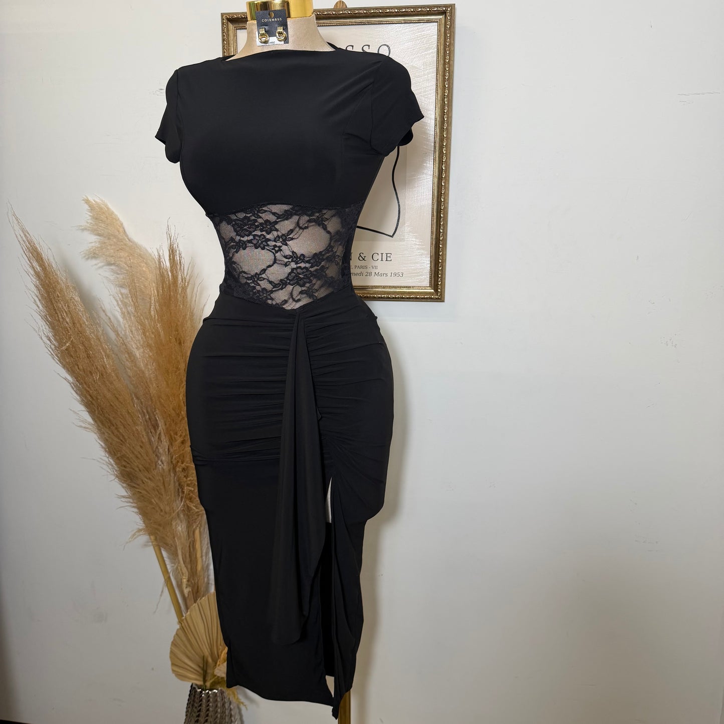 Lace Waist Contrast Midi Dress-Black