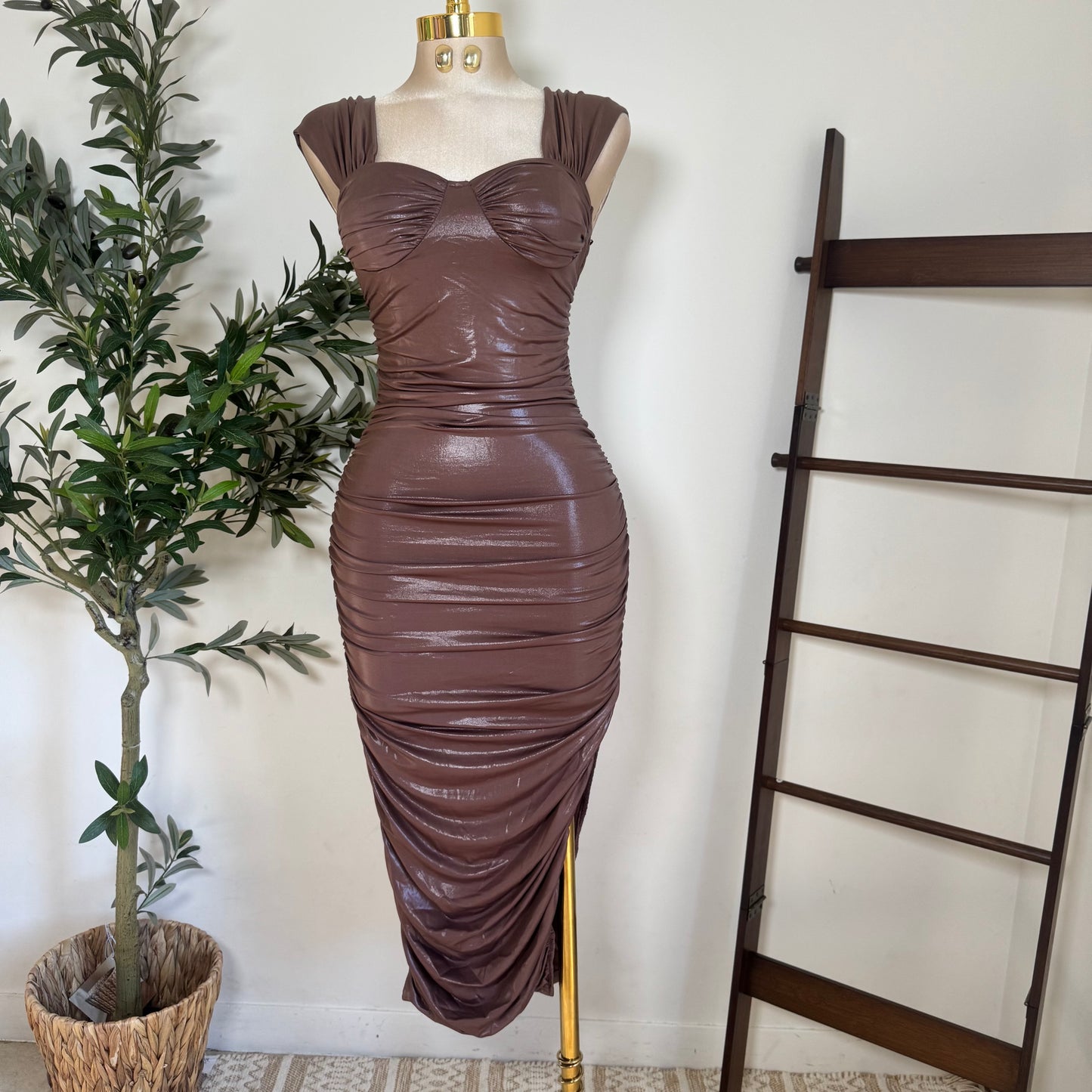 Off Shoulder Bustier Ruching Side slit Mini Dress-Mocha