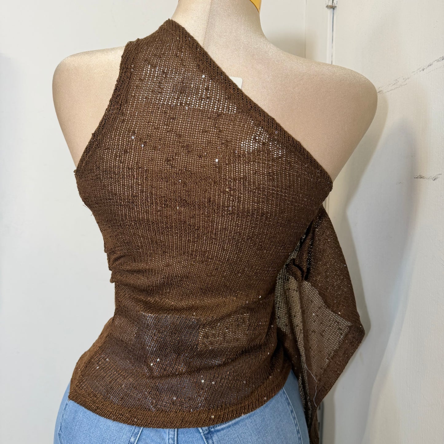 One Shoulder Trim Detail Top-Brown