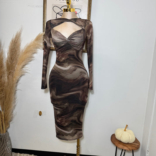 Marble Print Mesh Midi Dress