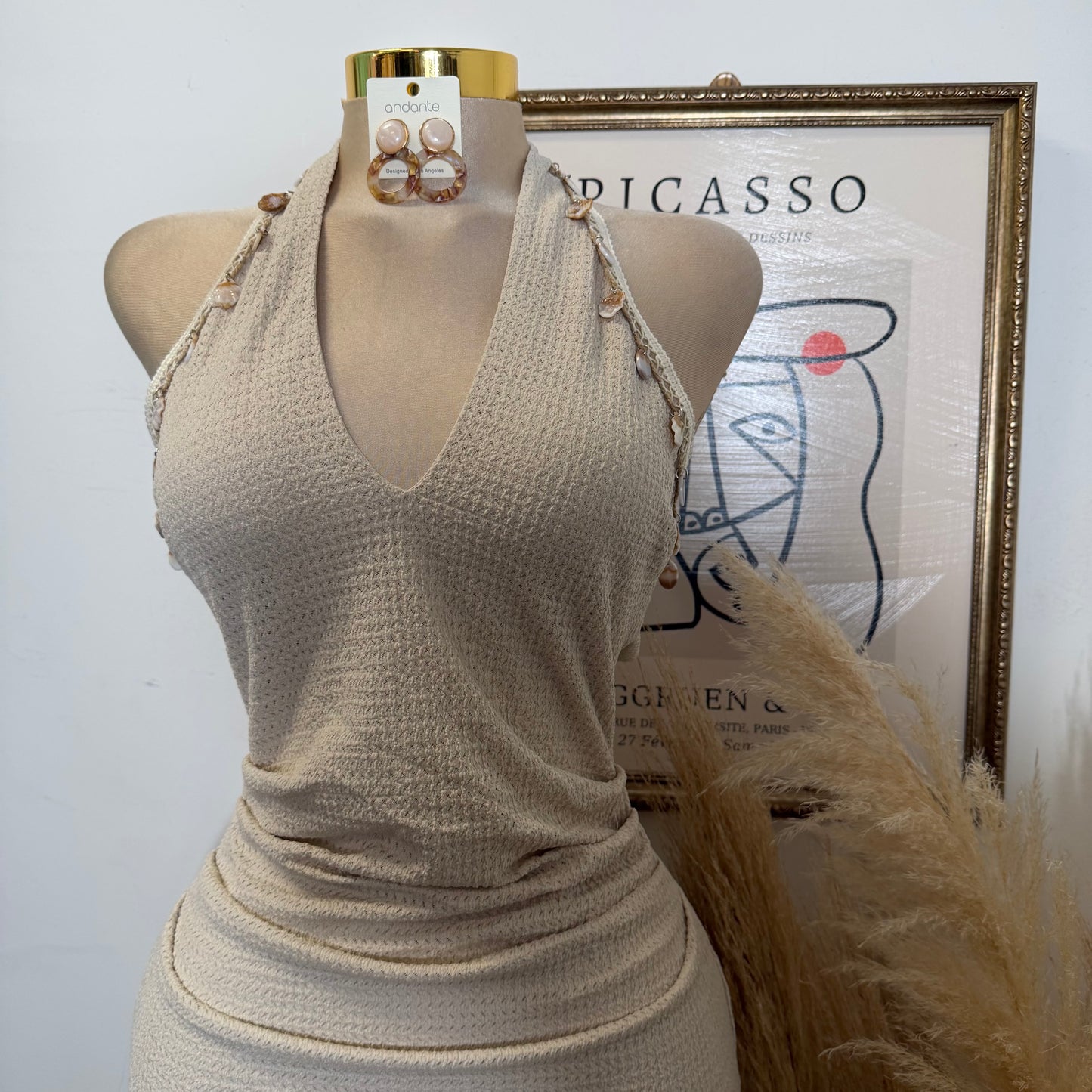 Shell Trim Detail Halter Neck Mini Dress-Natural