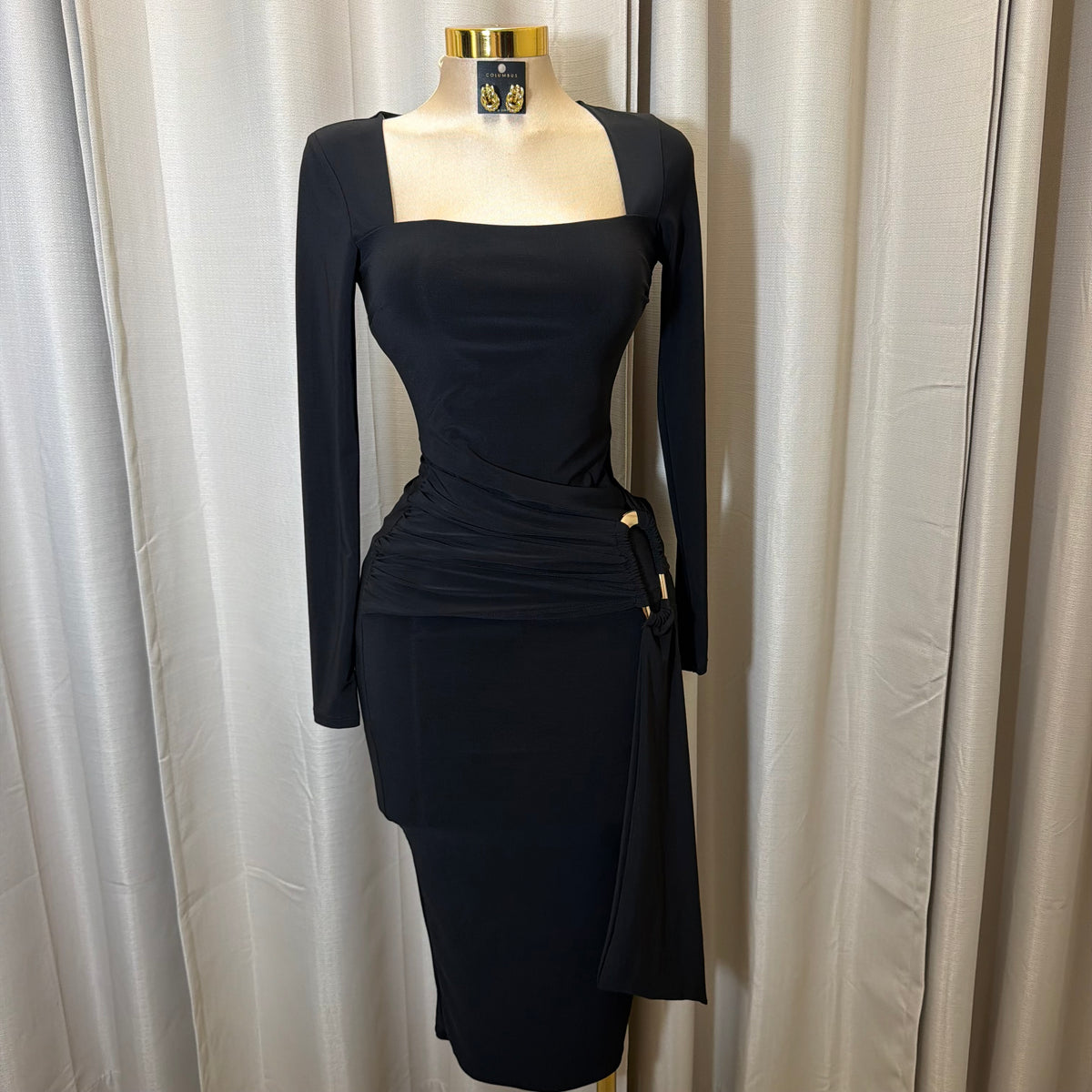 Square Neck Gold Trim Midi Dress-Black
