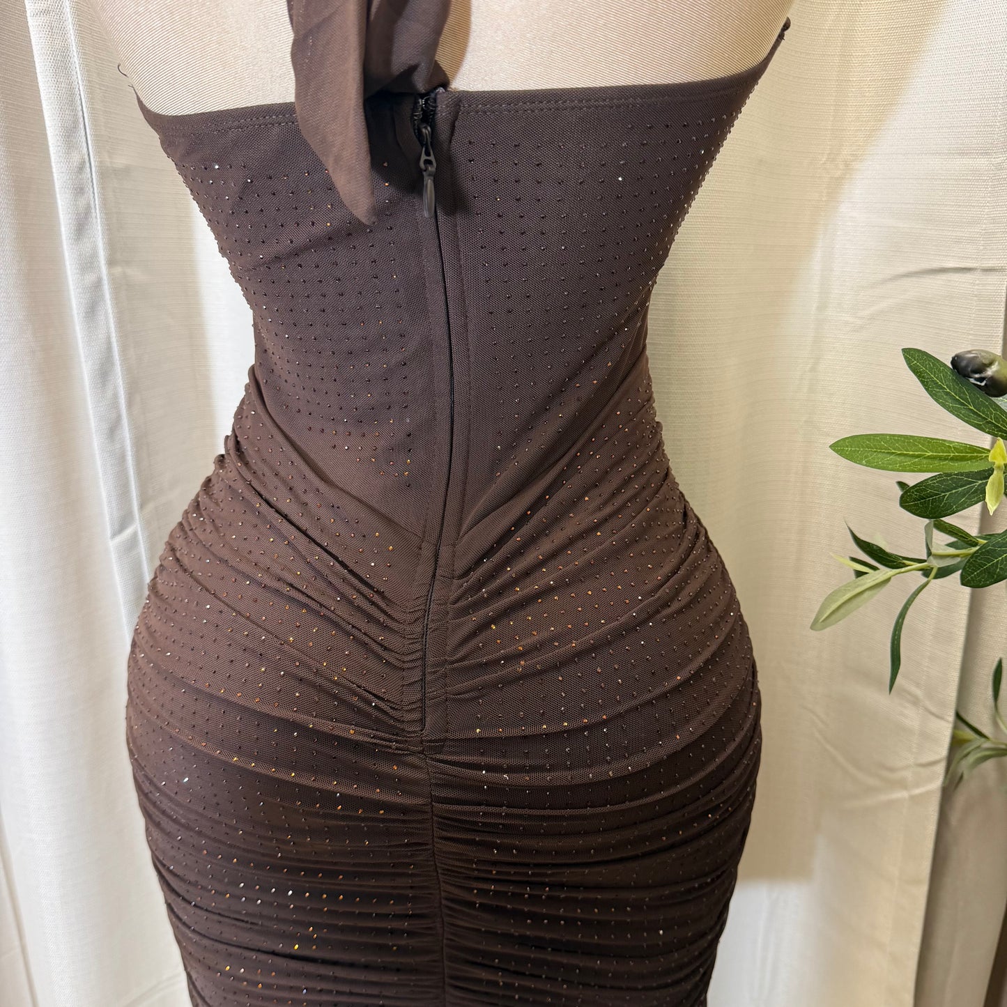EMBELLISHED MESH COWL NECK MINI DRESS-Brown