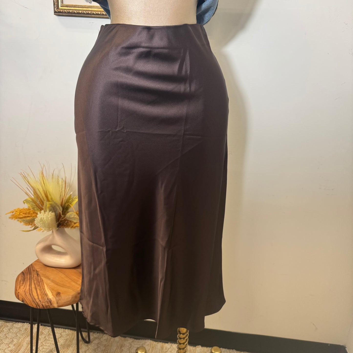 Satin Midi Skirt-Chocolate