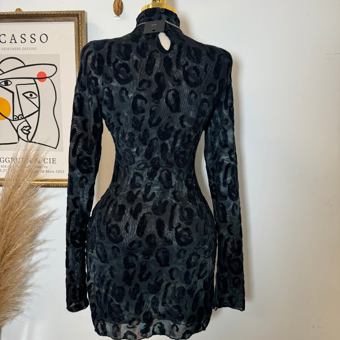 Cheetah Mesh Long Sleeve Dress-Multi Black