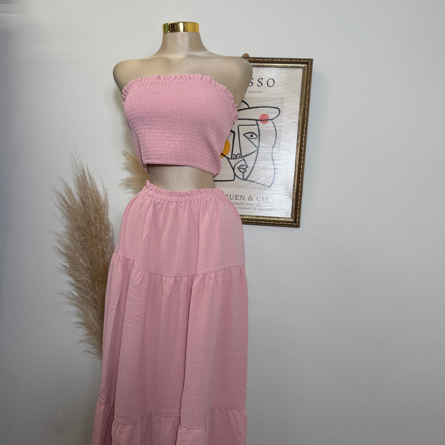 Smocking Tube Top and Ruffles Hem Maxi-Pink