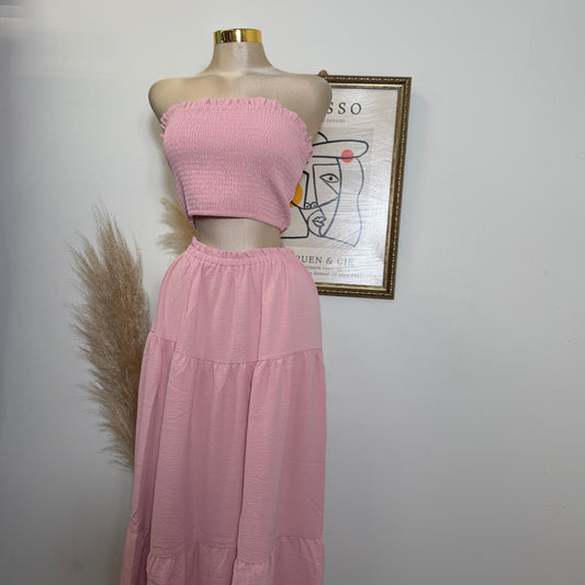 Smocking Tube Top and Ruffles Hem Maxi-Pink