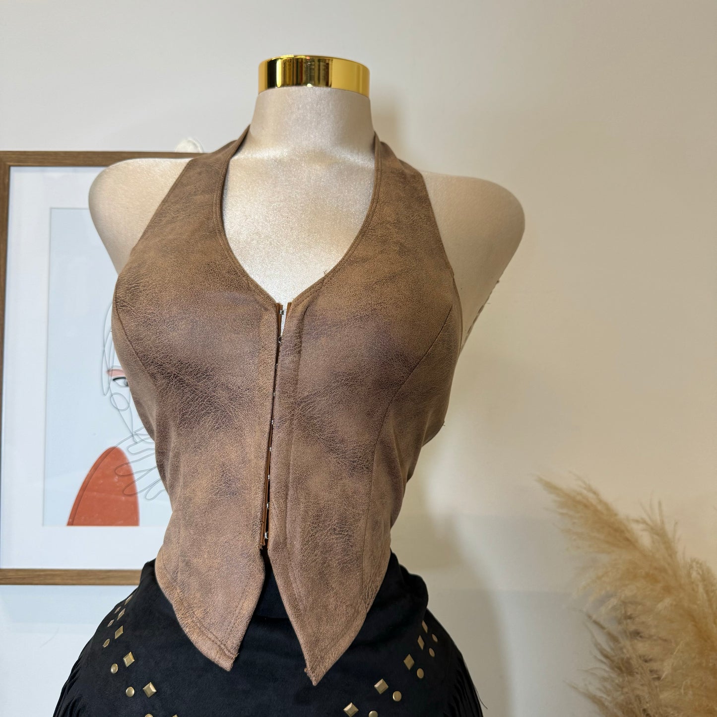 Suede Halter Crop Top Leather- Brown
