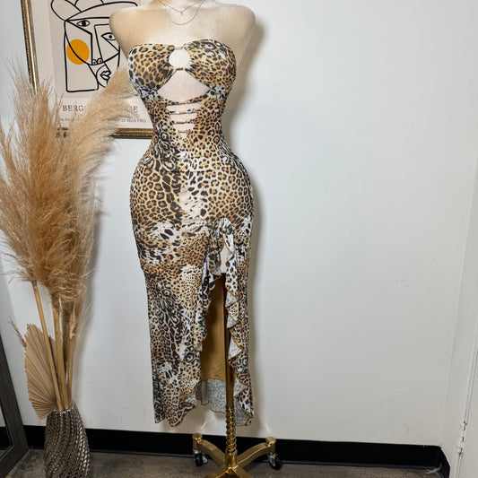 Karol Strapless Dress-Leopard