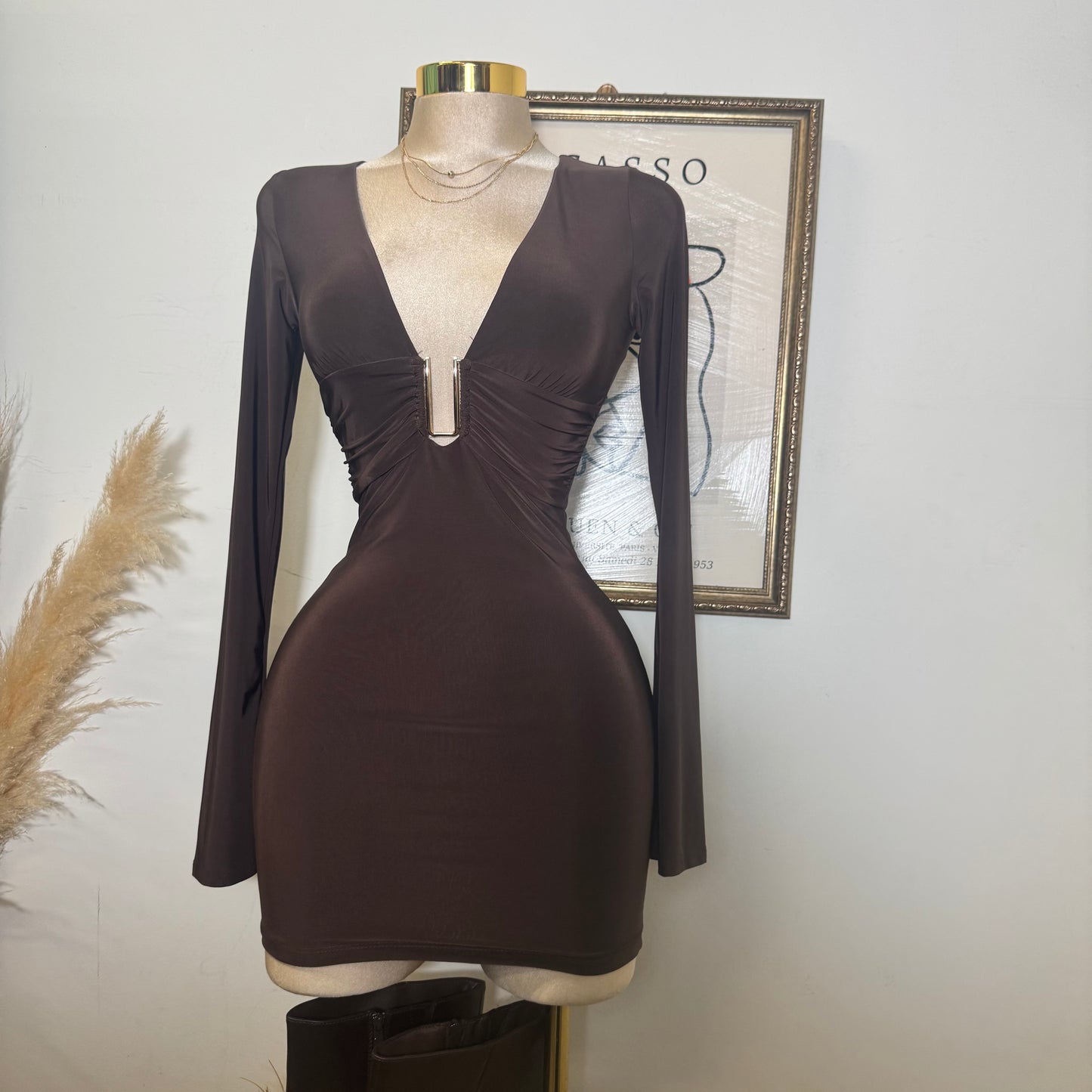 Long Sleeve Plunging Mini Dress-Brown