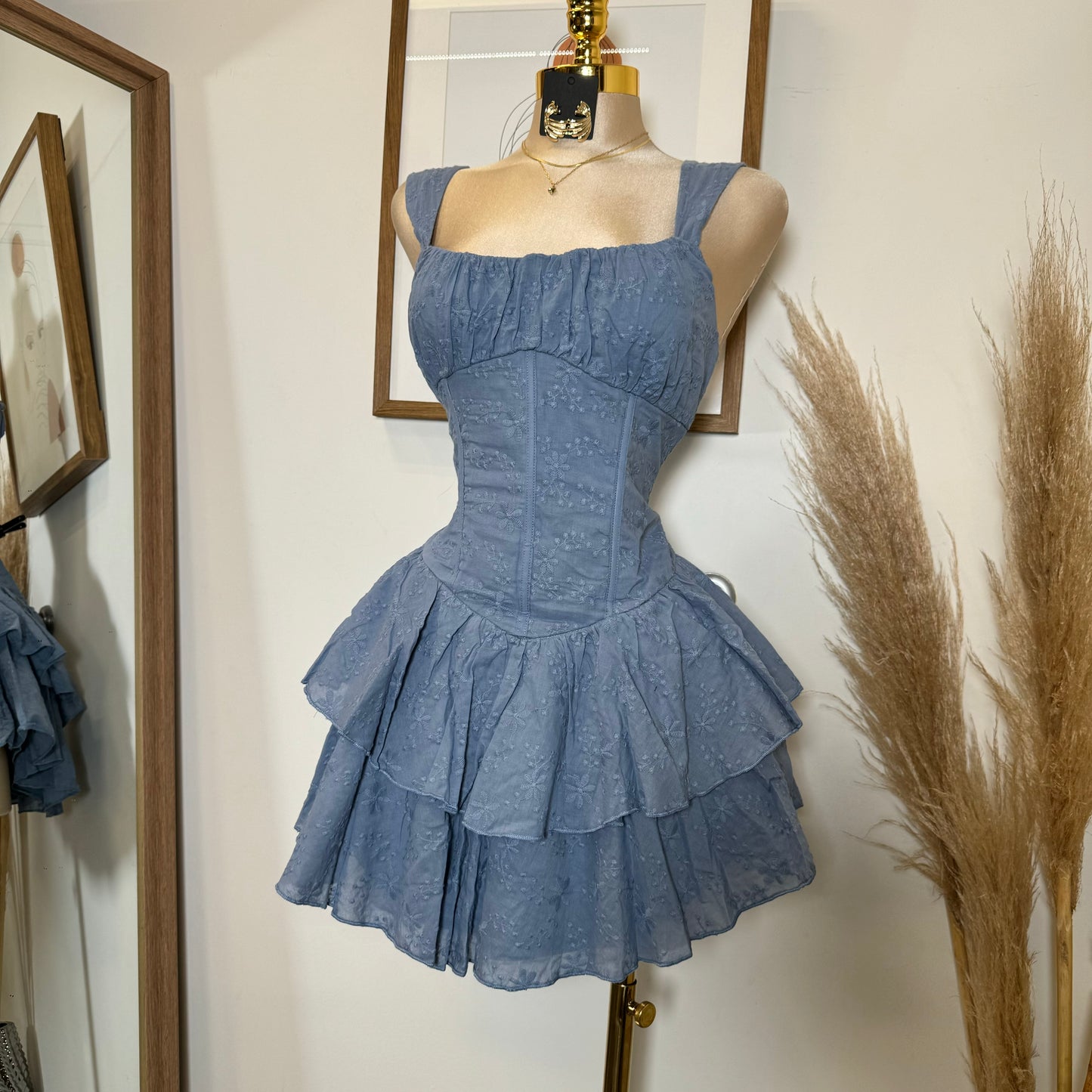 Cotton Corset Double Layer Mini Dress-Blue