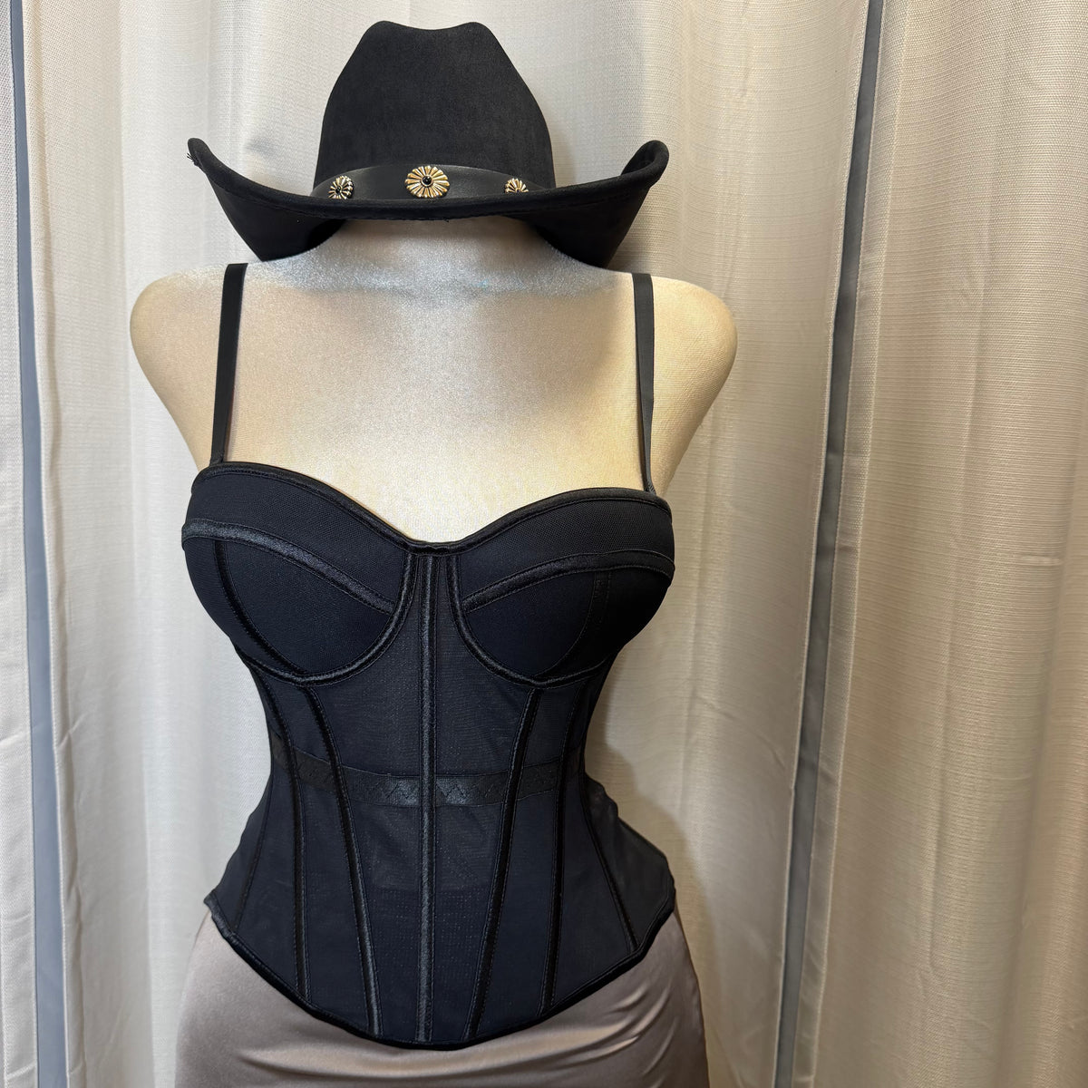 Long Body Mesh Corset Top-Black