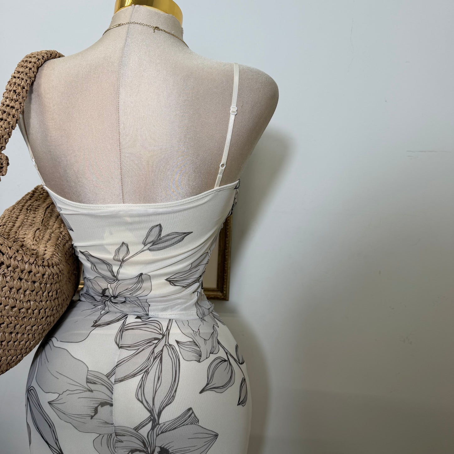 Mesh Print Twist Cami Top & Slit Maxi Skirt-Sand/Brown