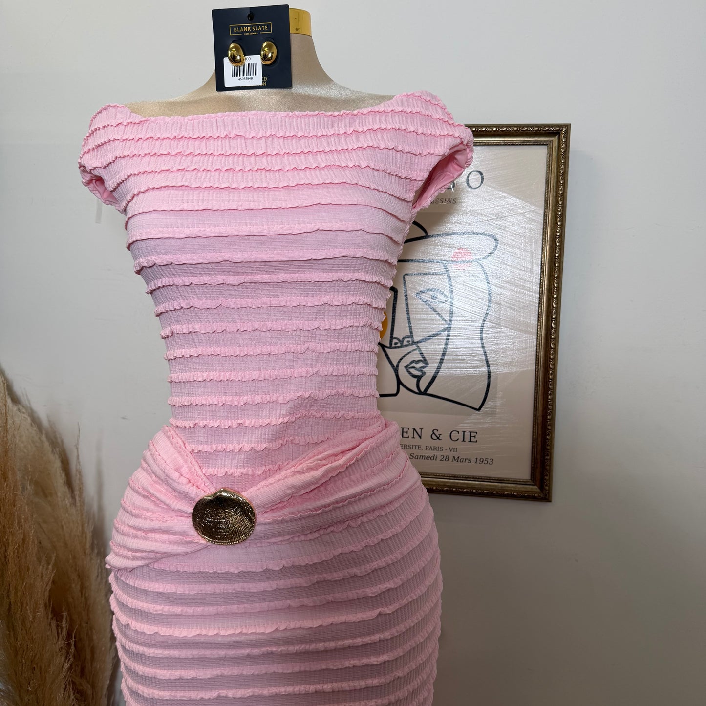 Textured Solid Off shoulder Maxi dress-Pink