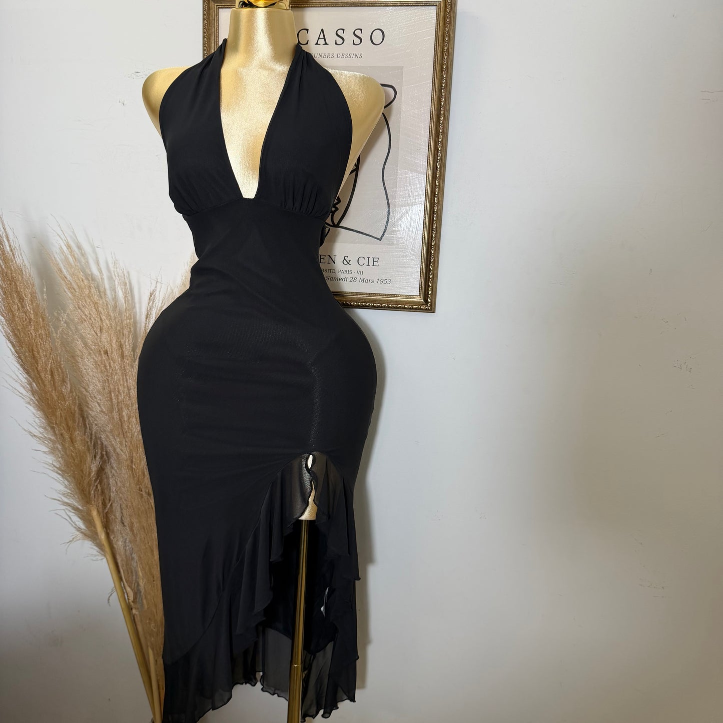 Halter Ruffle Slit Maxi Dress-Black
