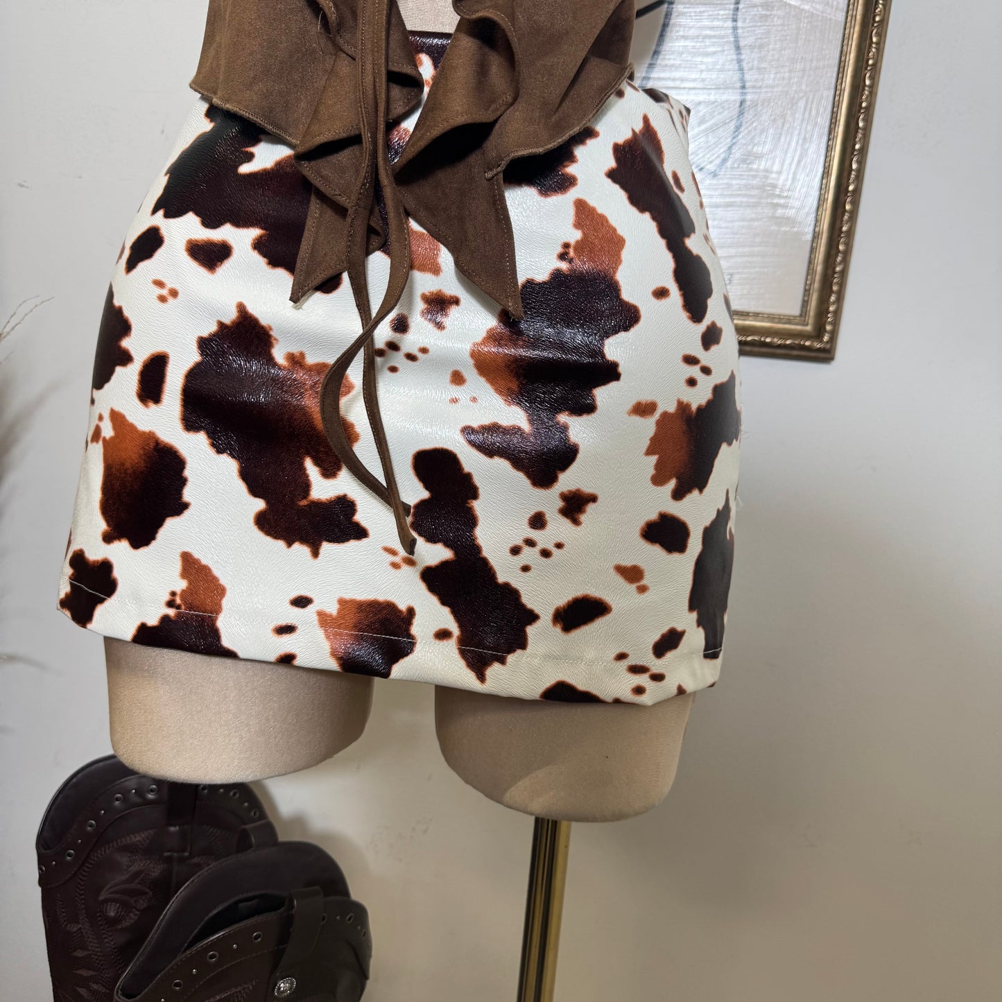 Cow Print Faux Leather Mini Skirt-Cow Print