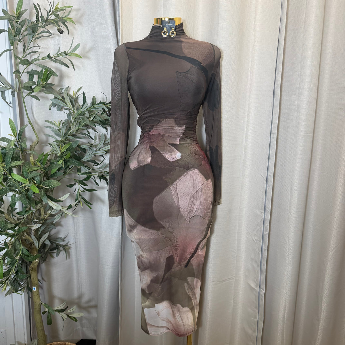 Big Flower Mesh Long sleeve Midi Dress-Olive combo