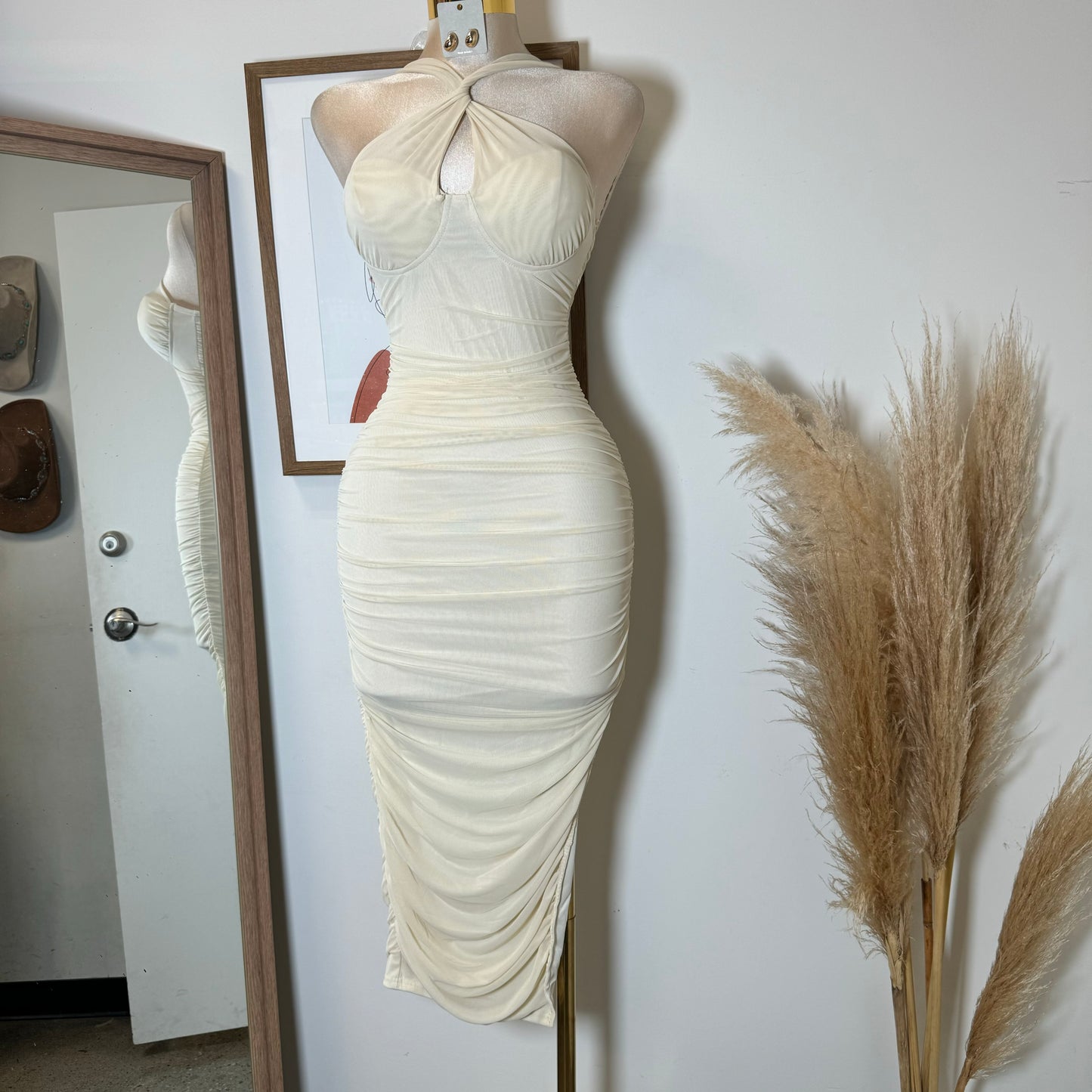 Inara Mesh Twist Halter Neck Midi Dress-Ivory1