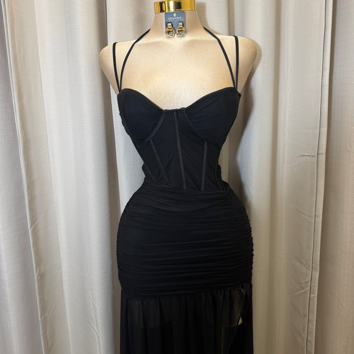 Corset Double Strap Ruched Slit Maxi Dress-Black