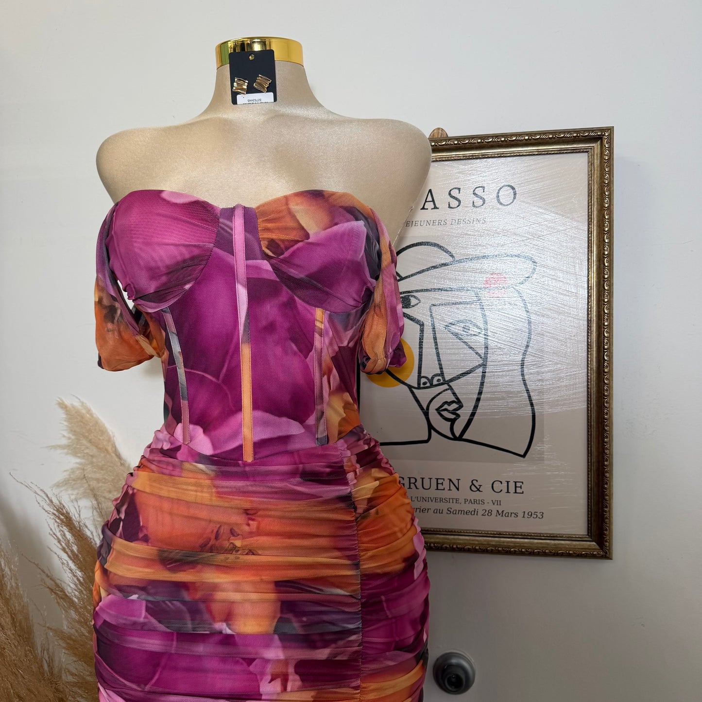 Floral Ruched Off Shoulder Maxi Dress with high slit-Mauve/Pink