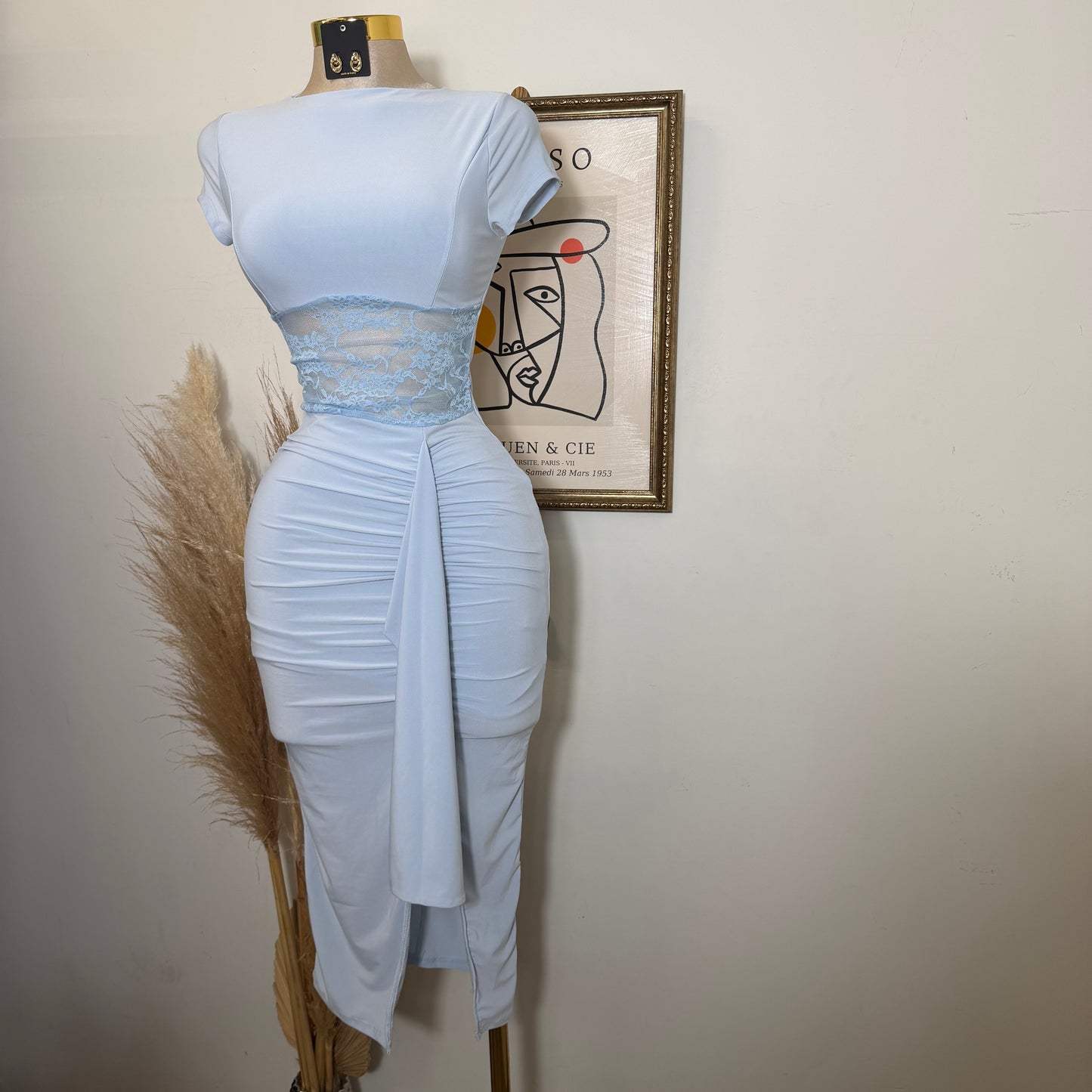 Lace Waist Contrast Midi Dress-Baby Blue