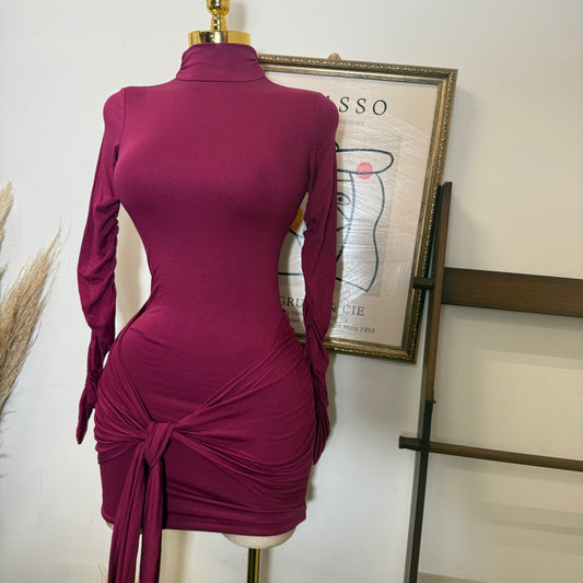 Long Sleeve Front Tie Mini Dress-Burgundy