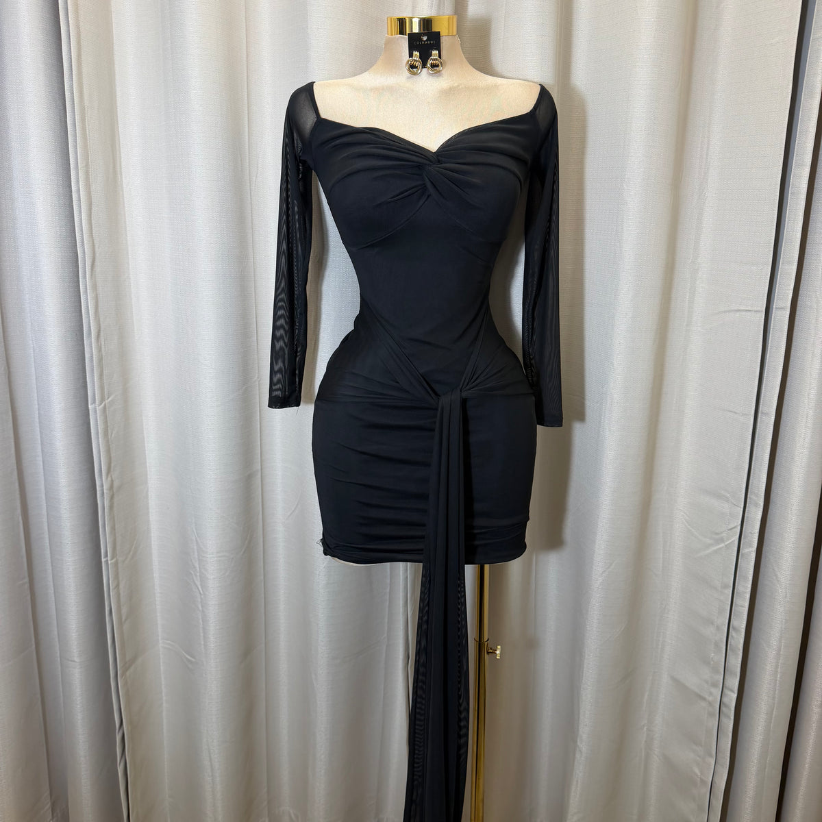 Long Sleeve Off Shoulder Mesh Dress-Black