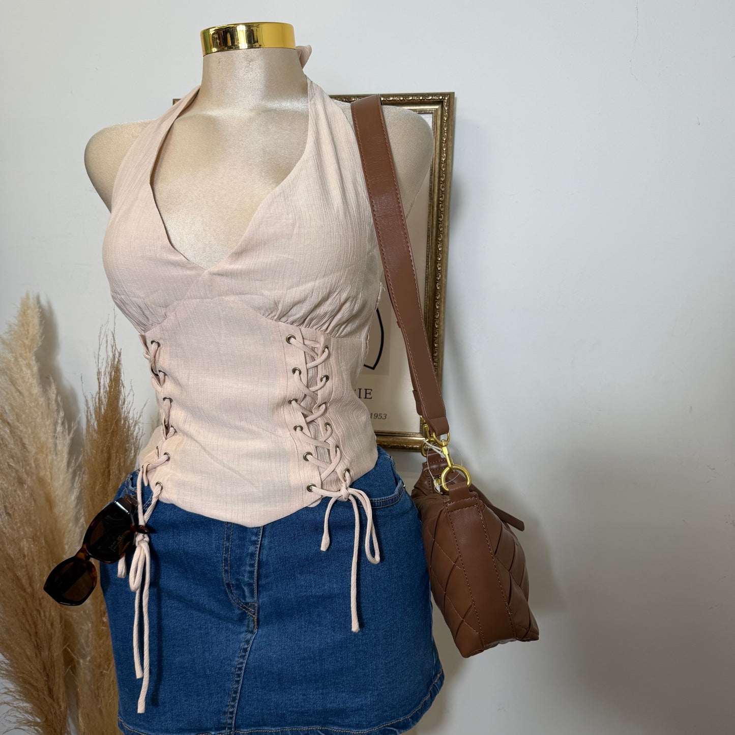 Halter Neck Crop Top-Beige